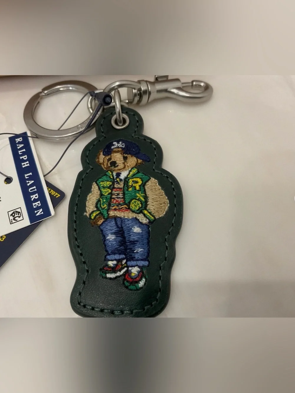 NEW Polo Ralph Lauren COLLEGE VARSITY BEAR - LEATHER Key Ring Keychain - GREEN